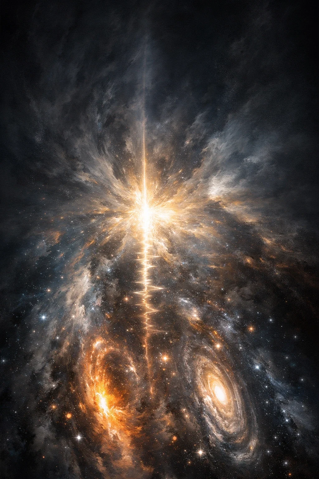 Cosmic explosion with swirling galaxies.